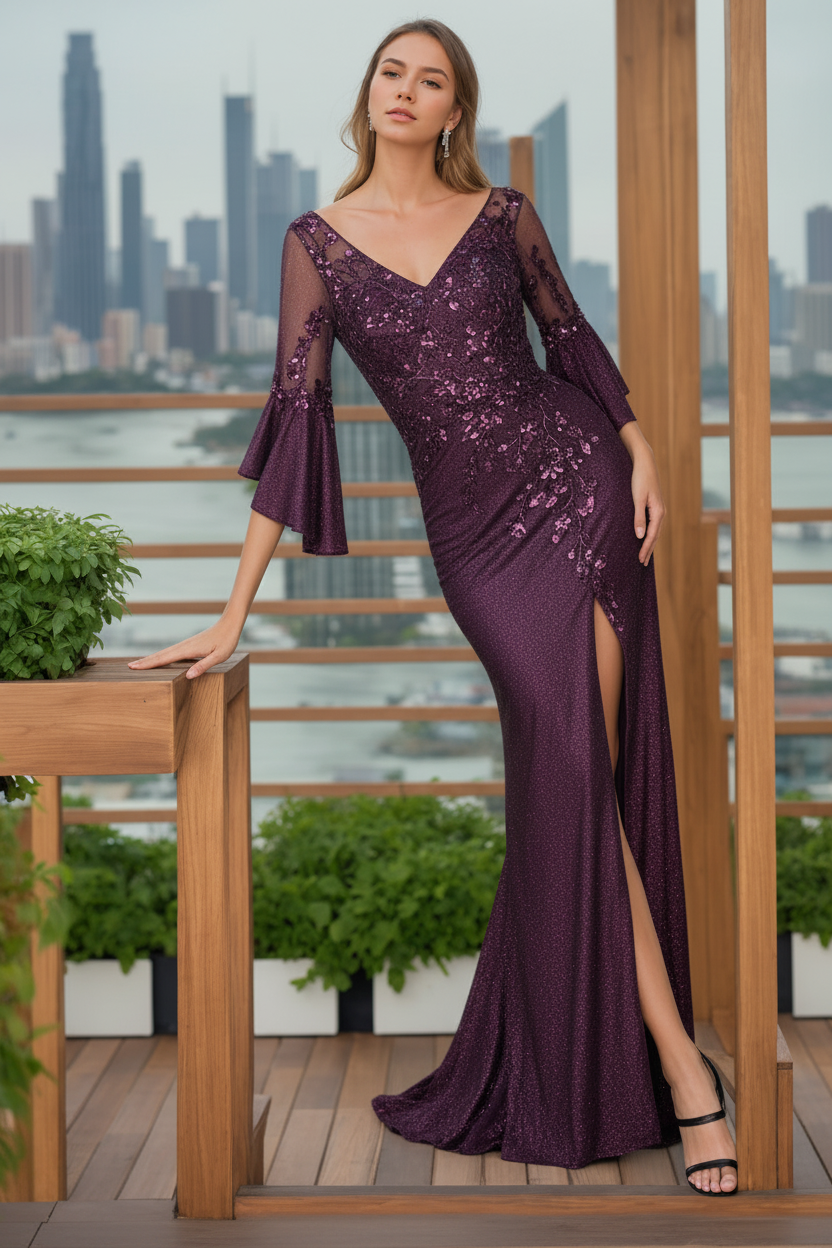 Trumpet/Mermaid V-Neck 3/4 Length Sleeves Floor-Length Mother of the Bride Dresses With Split Side & Floral Appliques