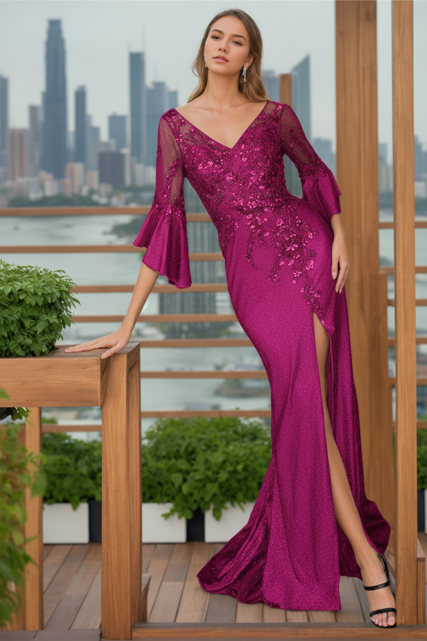 Trumpet/Mermaid V-Neck 3/4 Length Sleeves Floor-Length Mother of the Bride Dresses With Split Side & Floral Appliques