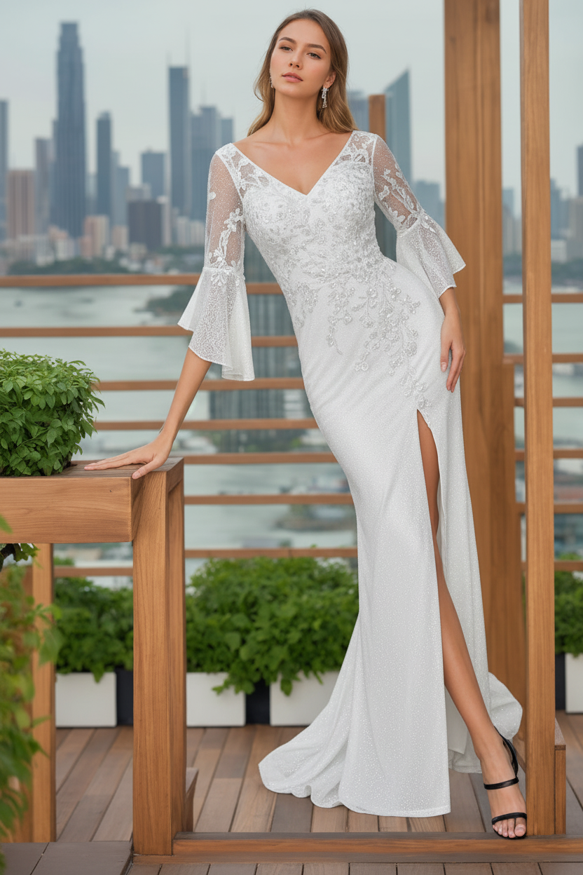 Trumpet/Mermaid V-Neck 3/4 Length Sleeves Floor-Length Mother of the Bride Dresses With Split Side & Floral Appliques