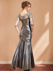 Trumpet/Mermaid V-Neck 3/4 Length Sleeves Floor-Length Unique Mother of the Bride Dresses With Appliques & Ruching