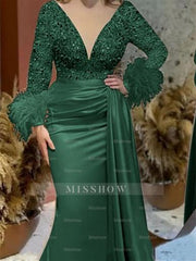 Trumpet/Mermaid V-Neck Satin Mother of the Bride Gown with Feather Glitter and Ruched Long Sleeves