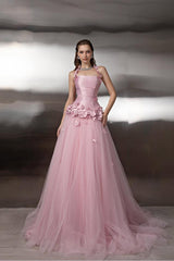 Tulle Halter Sleeveless Long Formal Dress With Appliques Pleated