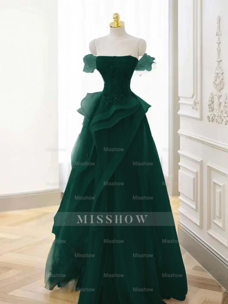 Tulle Off the Shoulder Sleeveless Long Formal Dress With Appliques