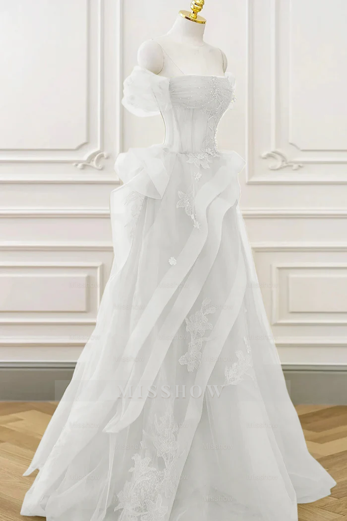 Tulle Off the Shoulder Sleeveless Long Formal Dress With Appliques