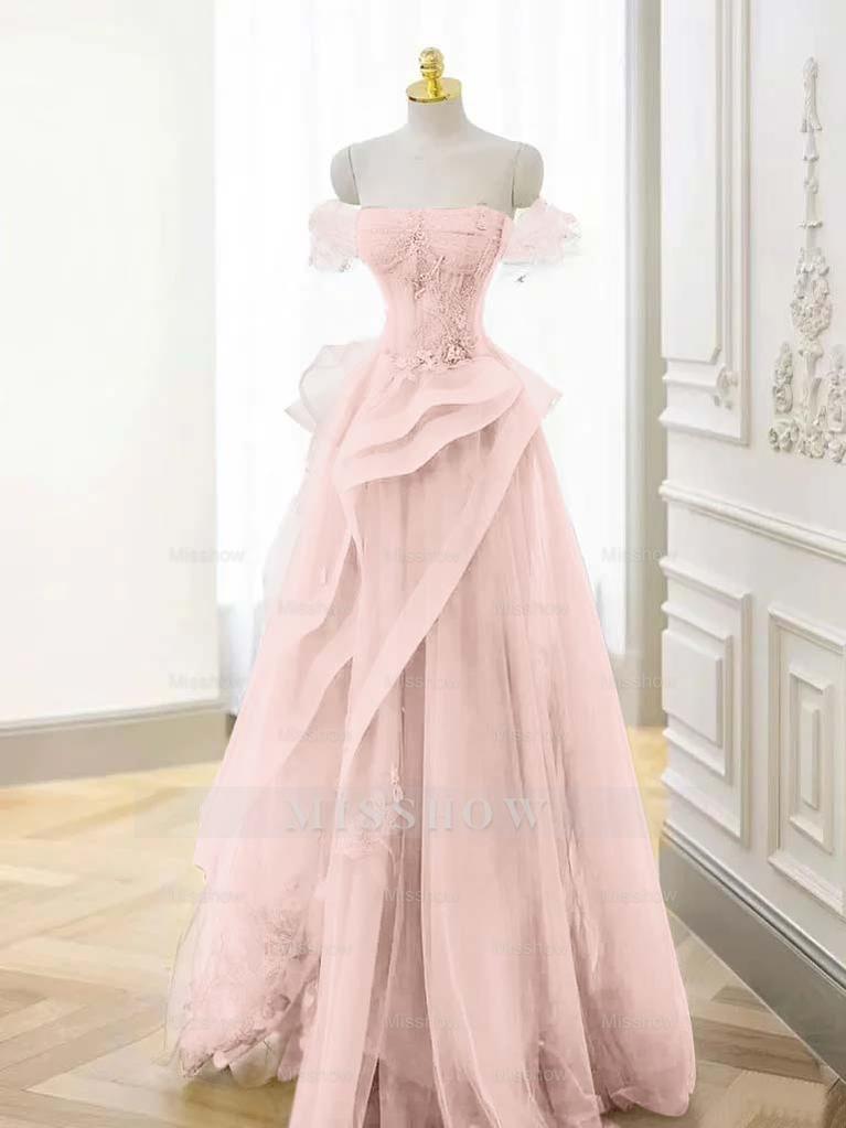 Tulle Off the Shoulder Sleeveless Long Formal Dress With Appliques