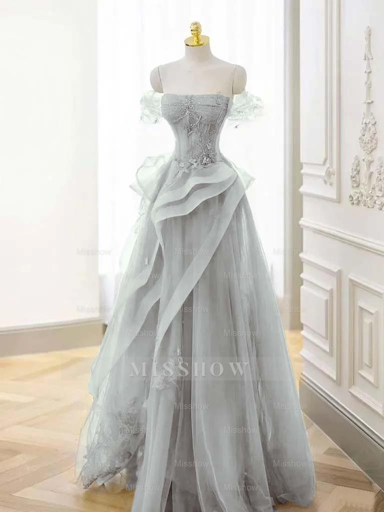 Tulle Off the Shoulder Sleeveless Long Formal Dress With Appliques