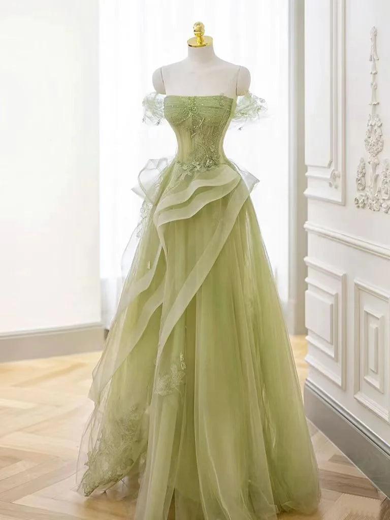 Tulle Off the Shoulder Sleeveless Long Formal Dress With Appliques