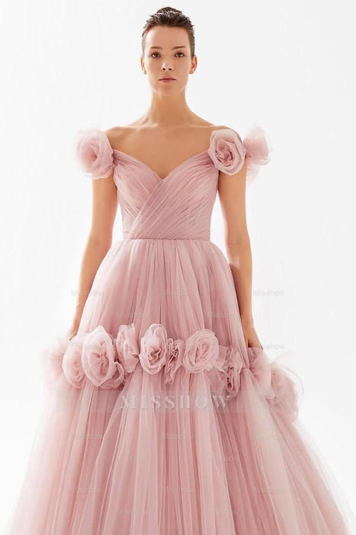 Tulle Off the Shoulder Sleeveless Long Formal Dress With Flower Appliques
