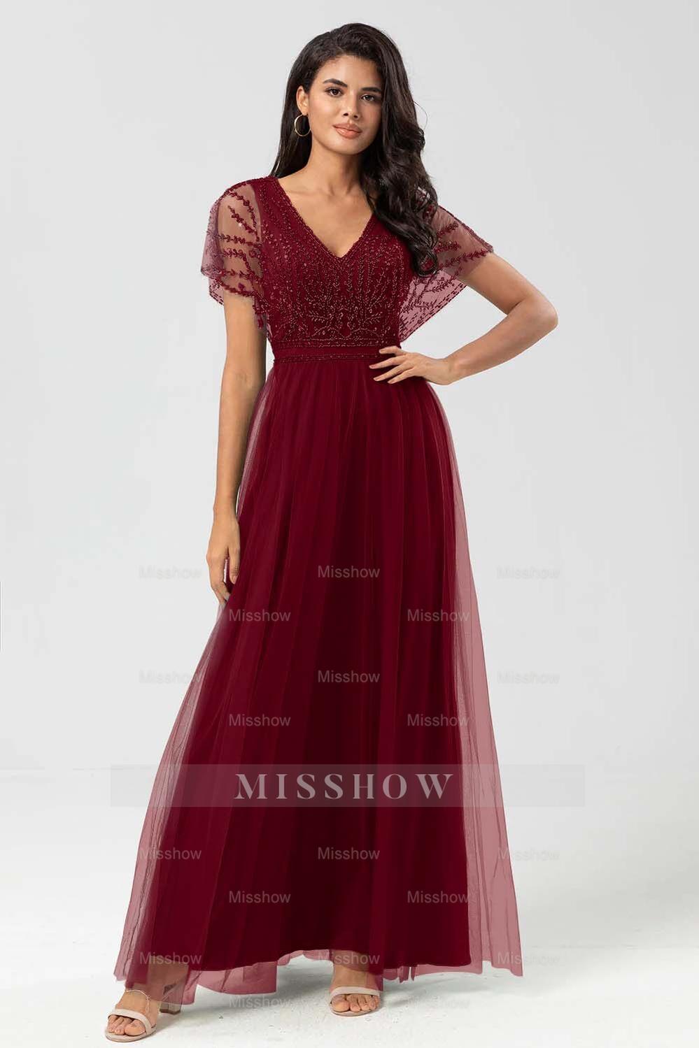 Tulle Short Sleeves V Neck A Line Long Formal Dress With Appliques