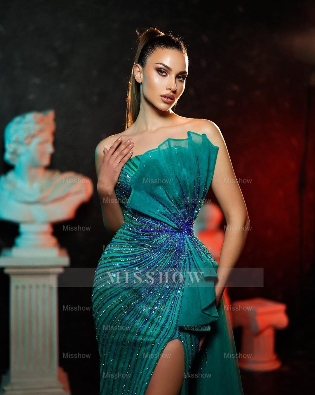 Tulle Sleeveless Shining Strapless Beading Front Split Formal Dress