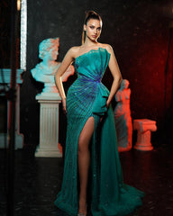 Tulle Sleeveless Shining Strapless Beading Front Split Formal Dress