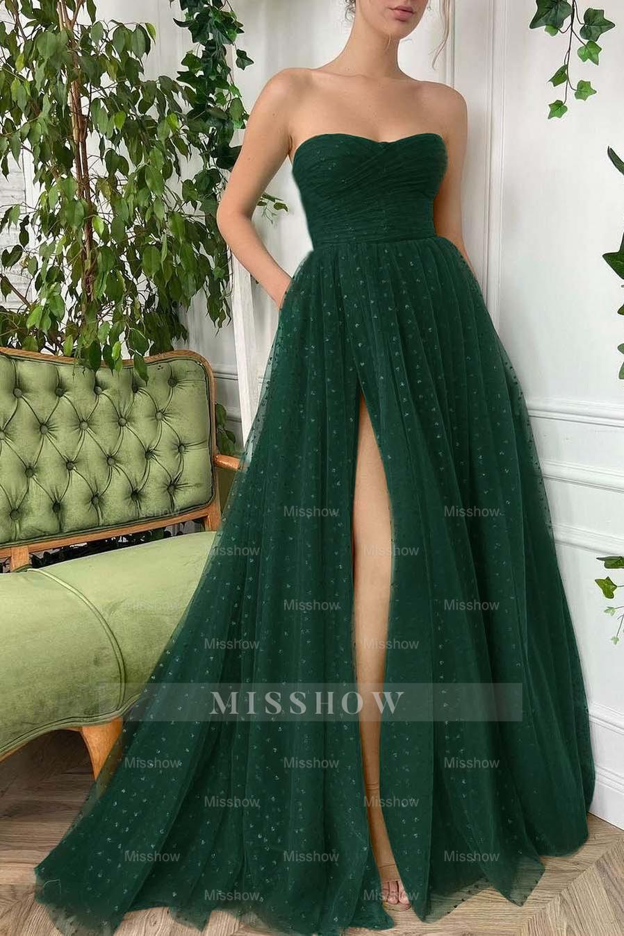 Tulle Sleeveless Strapless Long Split Formal Dress With Pleated