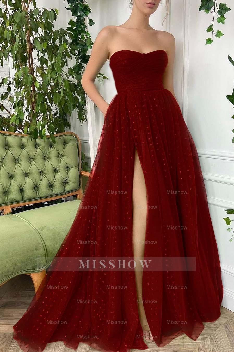 Tulle Sleeveless Strapless Long Split Formal Dress With Pleated