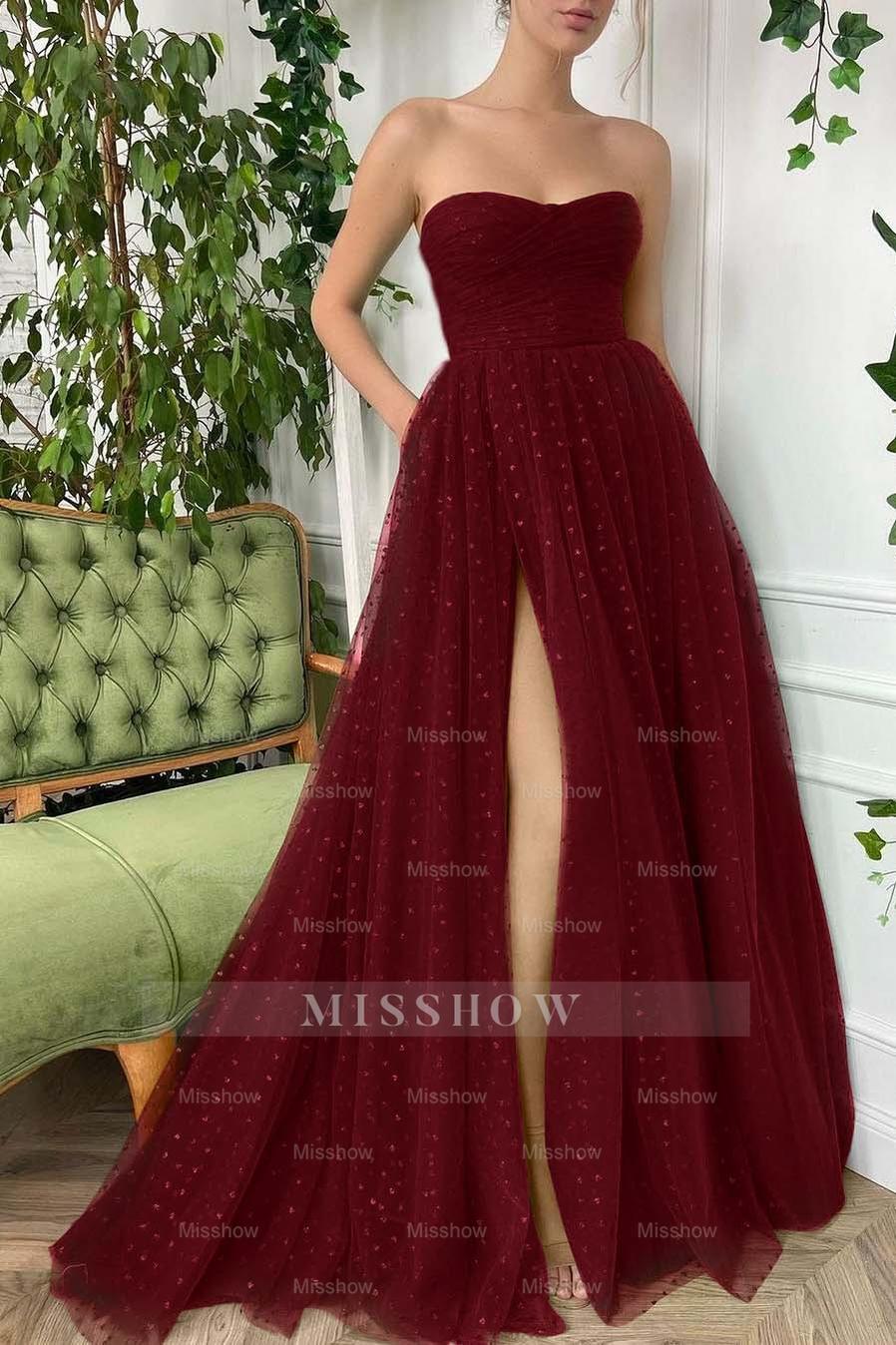 Tulle Sleeveless Strapless Long Split Formal Dress With Pleated