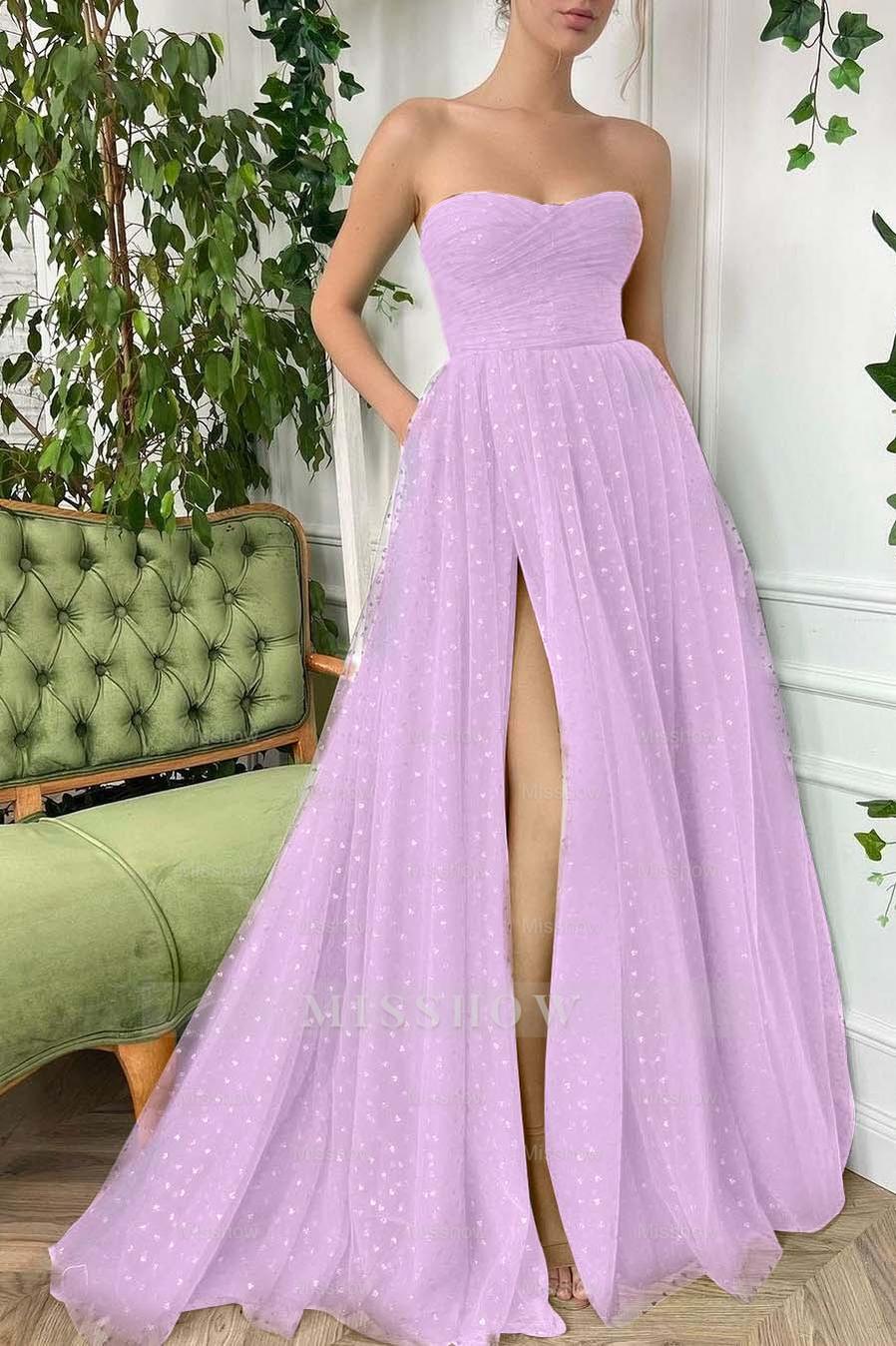 Tulle Sleeveless Strapless Long Split Formal Dress With Pleated