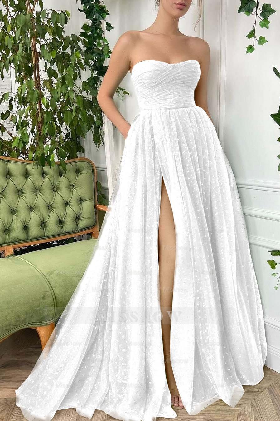 Tulle Sleeveless Strapless Long Split Formal Dress With Pleated