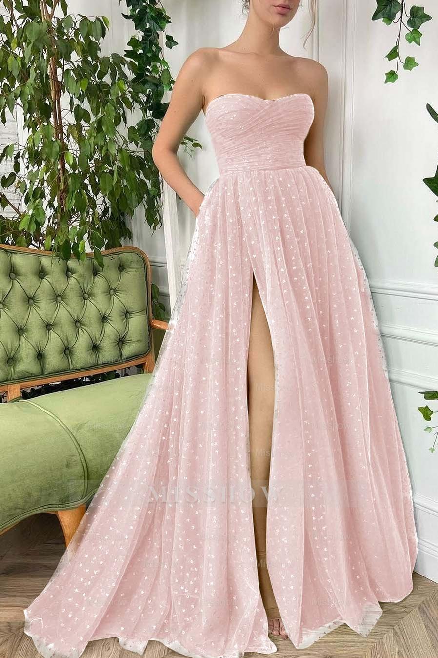 Tulle Sleeveless Strapless Long Split Formal Dress With Pleated