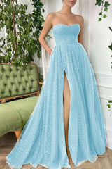 Tulle Sleeveless Strapless Long Split Formal Dress With Pleated