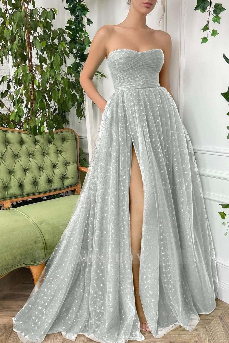 Tulle Sleeveless Strapless Long Split Formal Dress With Pleated