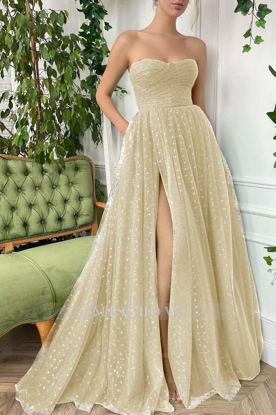 Tulle Sleeveless Strapless Long Split Formal Dress With Pleated