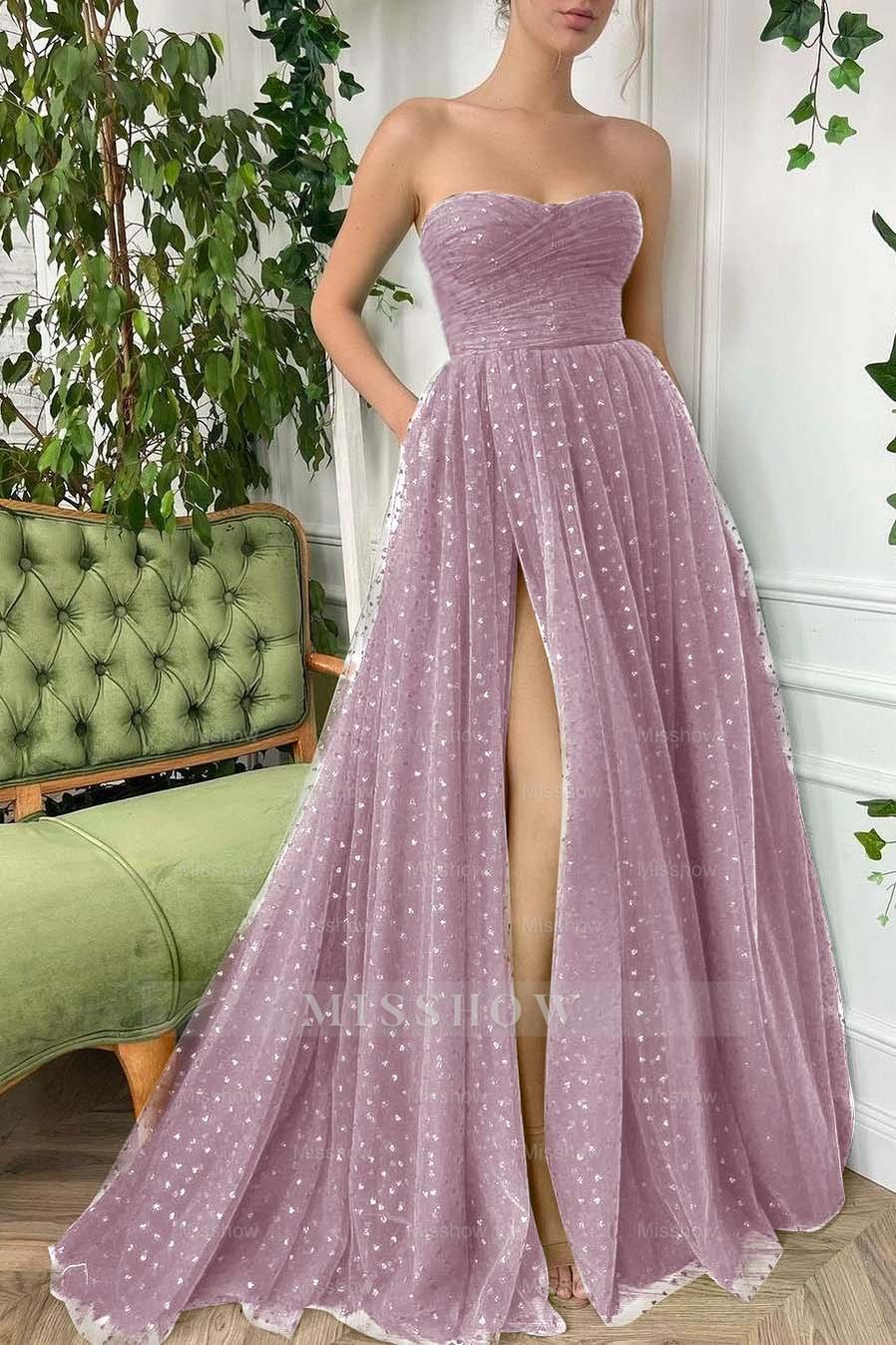 Tulle Sleeveless Strapless Long Split Formal Dress With Pleated