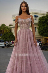 Tulle Spaghetti Strap Sleeveless A Line Long Formal Dress With Sequins Beads