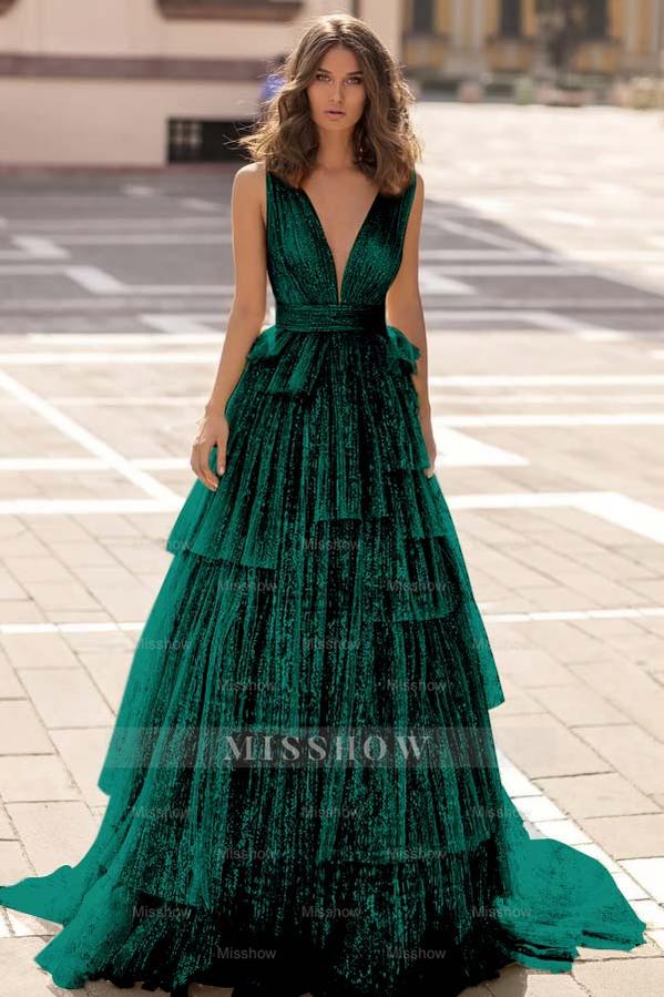 Tulle Straps V Neck Sleeveless Long Formal Dress With Sequin Pleated