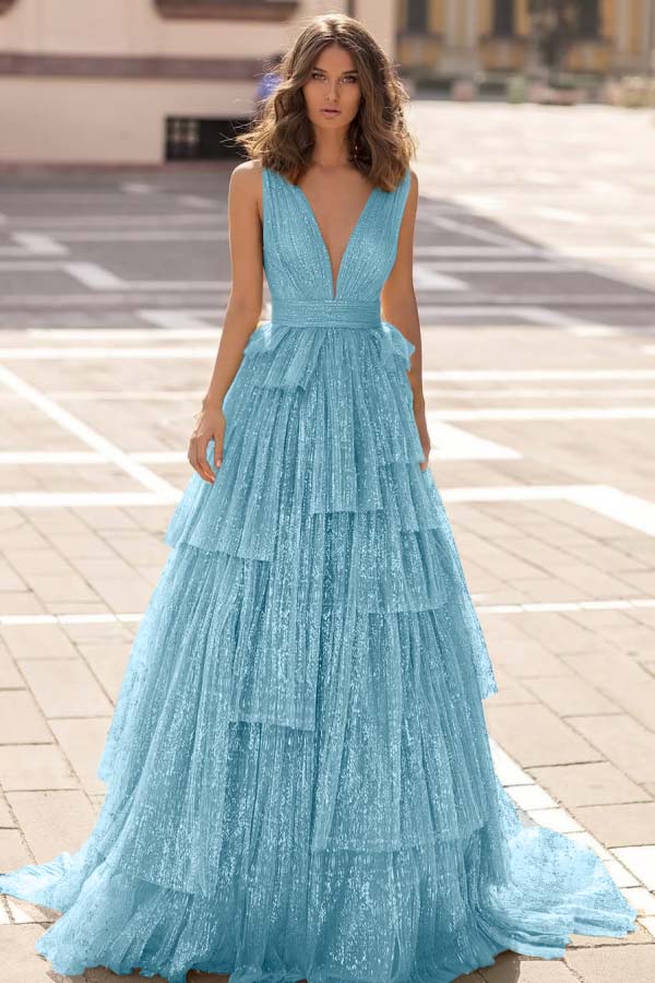 Tulle Straps V Neck Sleeveless Long Formal Dress With Sequin Pleated
