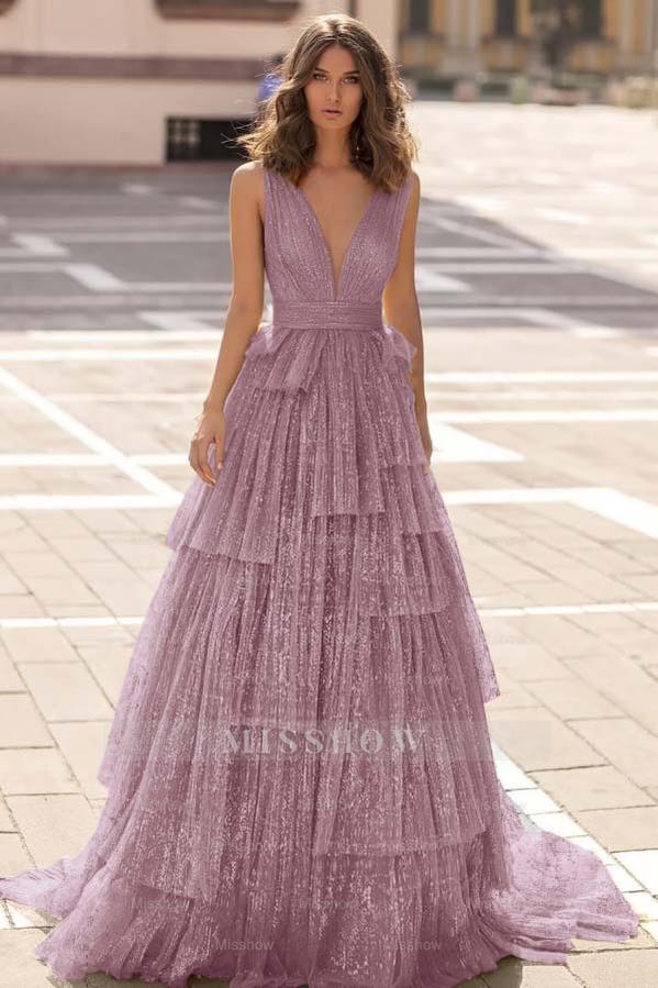 Tulle Straps V Neck Sleeveless Long Formal Dress With Sequin Pleated