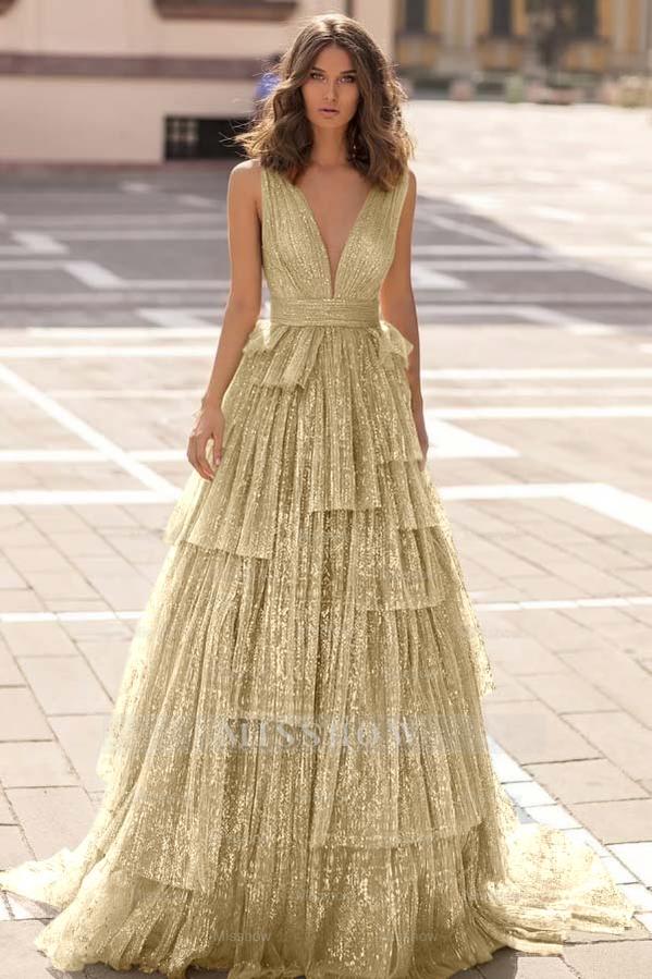 Tulle Straps V Neck Sleeveless Long Formal Dress With Sequin Pleated