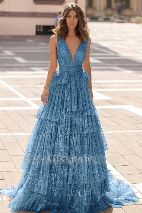 Tulle Straps V Neck Sleeveless Long Formal Dress With Sequin Pleated