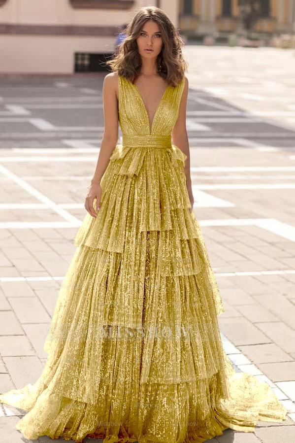 Tulle Straps V Neck Sleeveless Long Formal Dress With Sequin Pleated