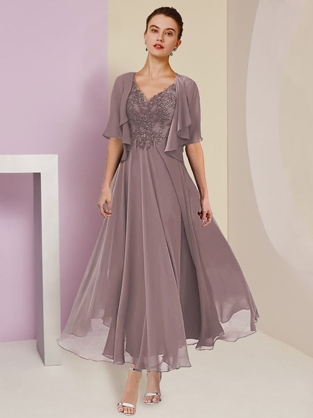 A Line Princess V Neck Ankle Length Mother Of The Bride Dresses