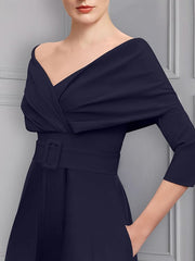 Scoop Long Sleeves Mother Of The Bride Pantsuits With Belt