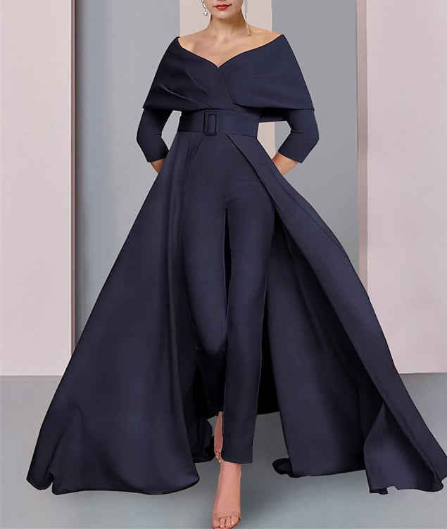 Scoop Long Sleeves Mother Of The Bride Pantsuits With Belt