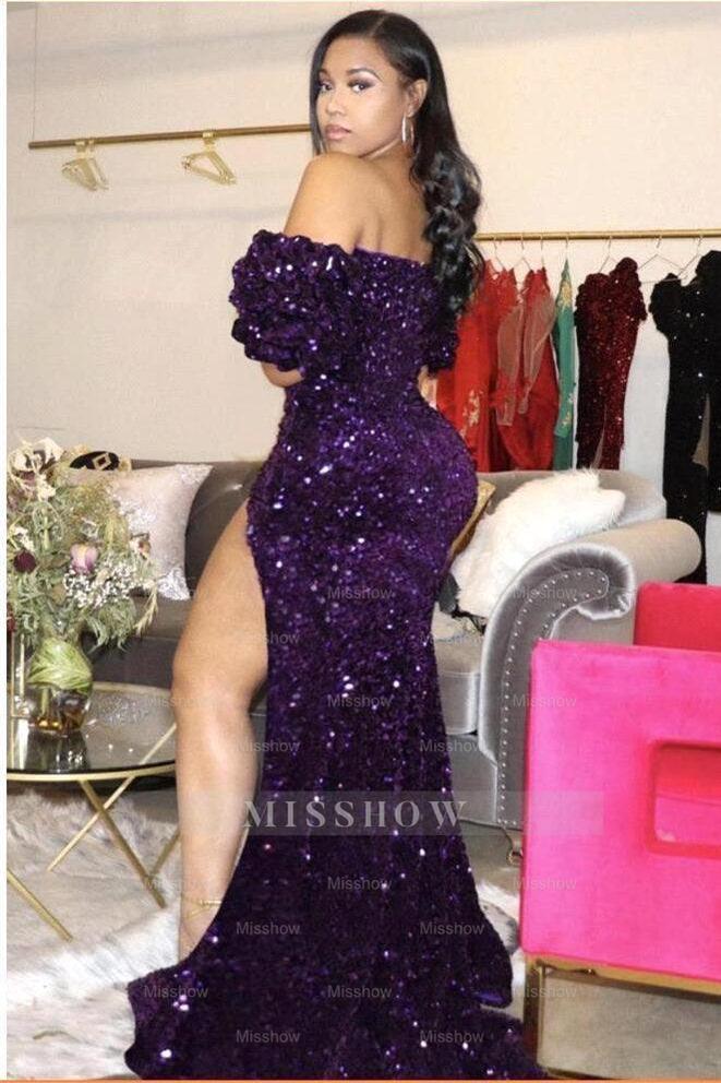 Unique Black V-neck Off-the-Shoulder Sequins Asymmetrical Column Prom Evening Dresses Unique Black V-neck Off-the-Shoulder Sequins Asymmetrical Column Prom Evening Dresses