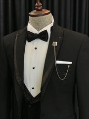 Unique Black Wedding Suits with Sparkling Black Peaked Lapel