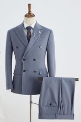 Unique Blue Peak Lapel Double Breasted Tailored Business Suit
