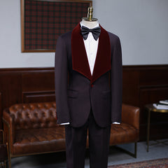 Unique Burgundy Two Pieces Velvet Lapel Wedding Suit for Grooms