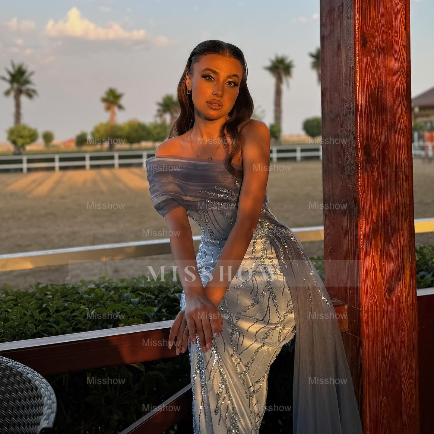 Unique Dusty Blue One Shoulder Sleeveless Mermaid Evening Dress with Sequins and Panel Train