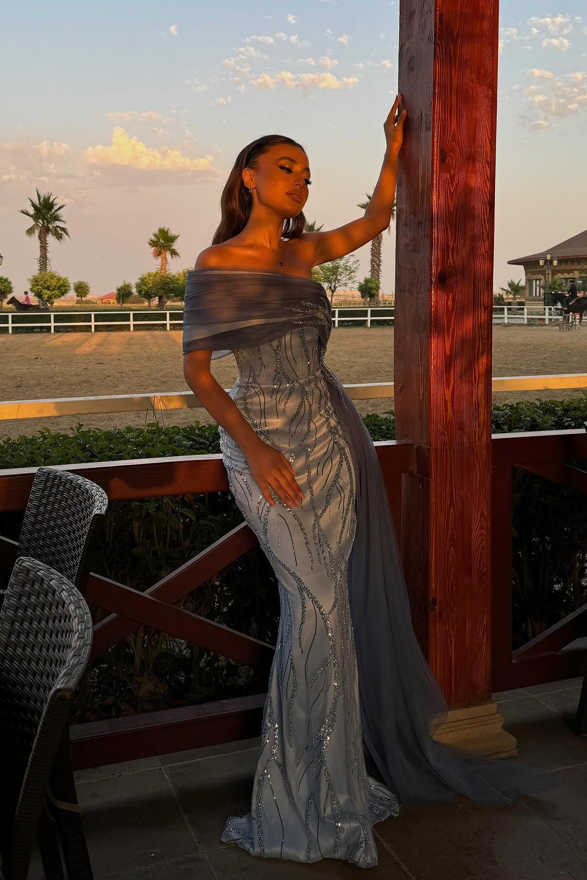 Unique Dusty Blue One Shoulder Sleeveless Mermaid Evening Dress with Sequins and Panel Train