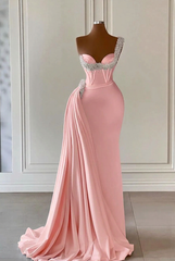 Blushing pink sweetheart beaded A-line wedding dress