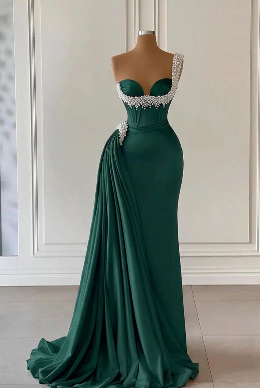Dark green sweetheart beaded A-line wedding dress