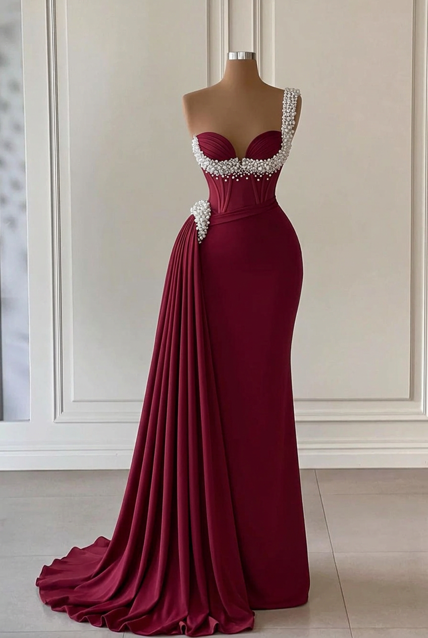 Burgundy sweetheart beaded A-line wedding dress