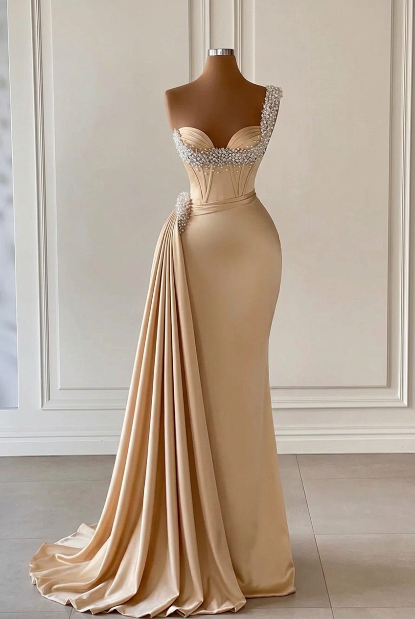 Champagne sweetheart beaded A-line wedding dress