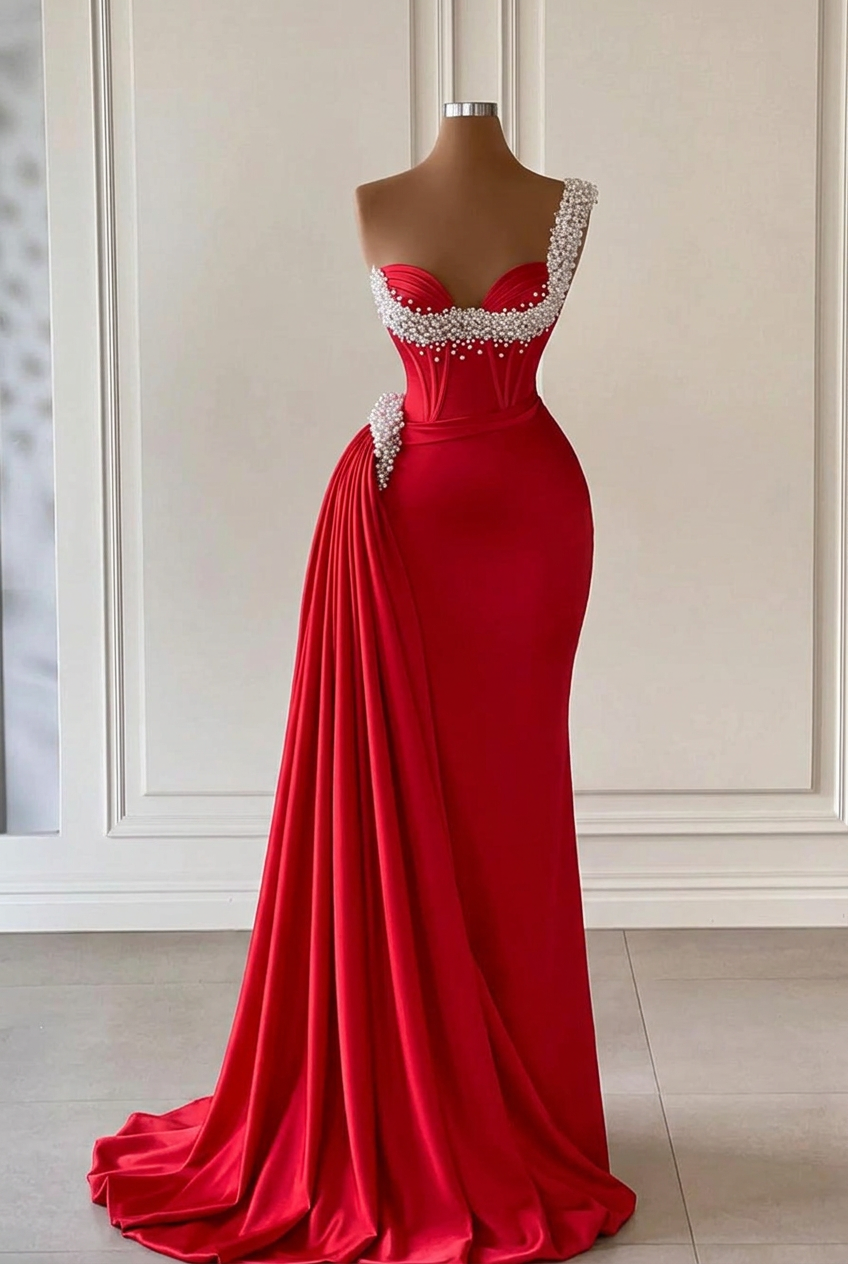 Red sweetheart beaded A-line wedding dress