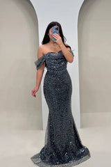 Unique Long Steel Grey Mermaid Off-The-Shoulder Sleeveless Beaded Formal Dress with Sequins