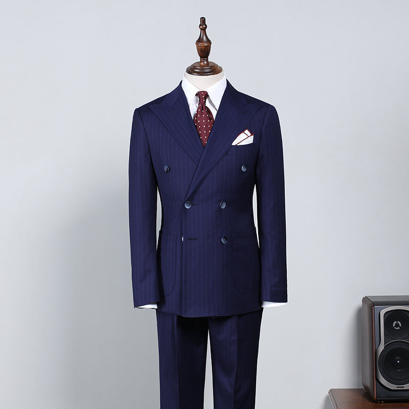 Unique Navy Blue Striped Double Breasted Slim Fit Custom Business Suit