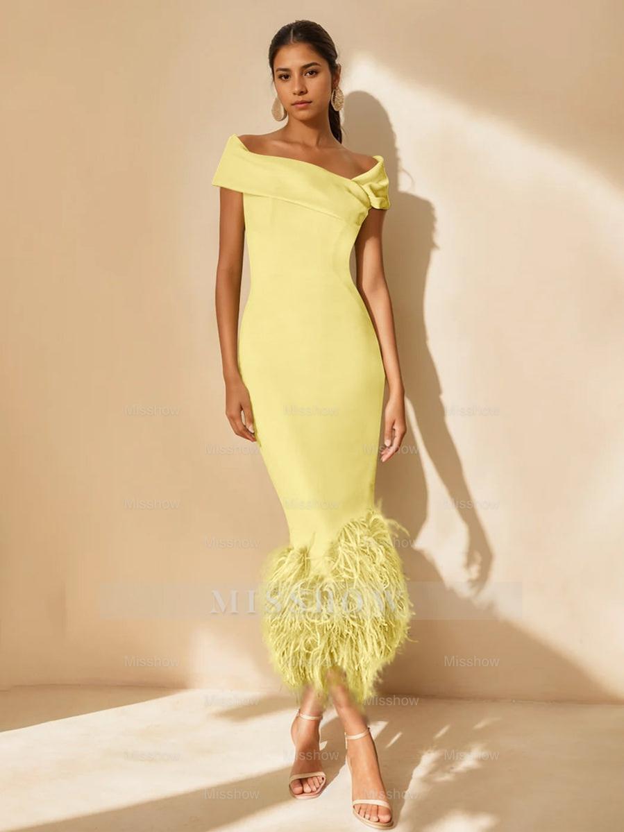 Unique Off-the-Shoulder Tea-Length Mother of the Bride Dress with Short Sleeves and Feathers