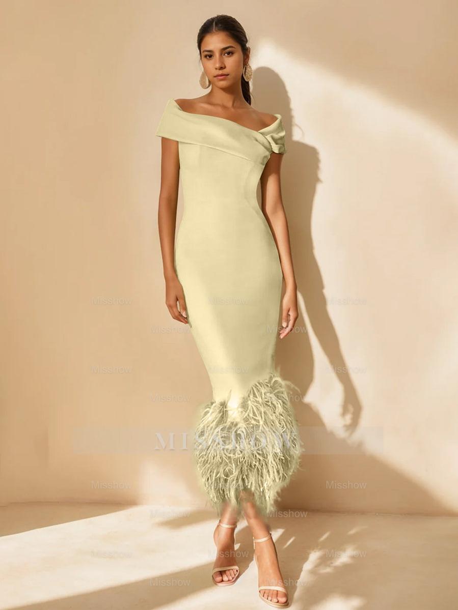Unique Off-the-Shoulder Tea-Length Mother of the Bride Dress with Short Sleeves and Feathers